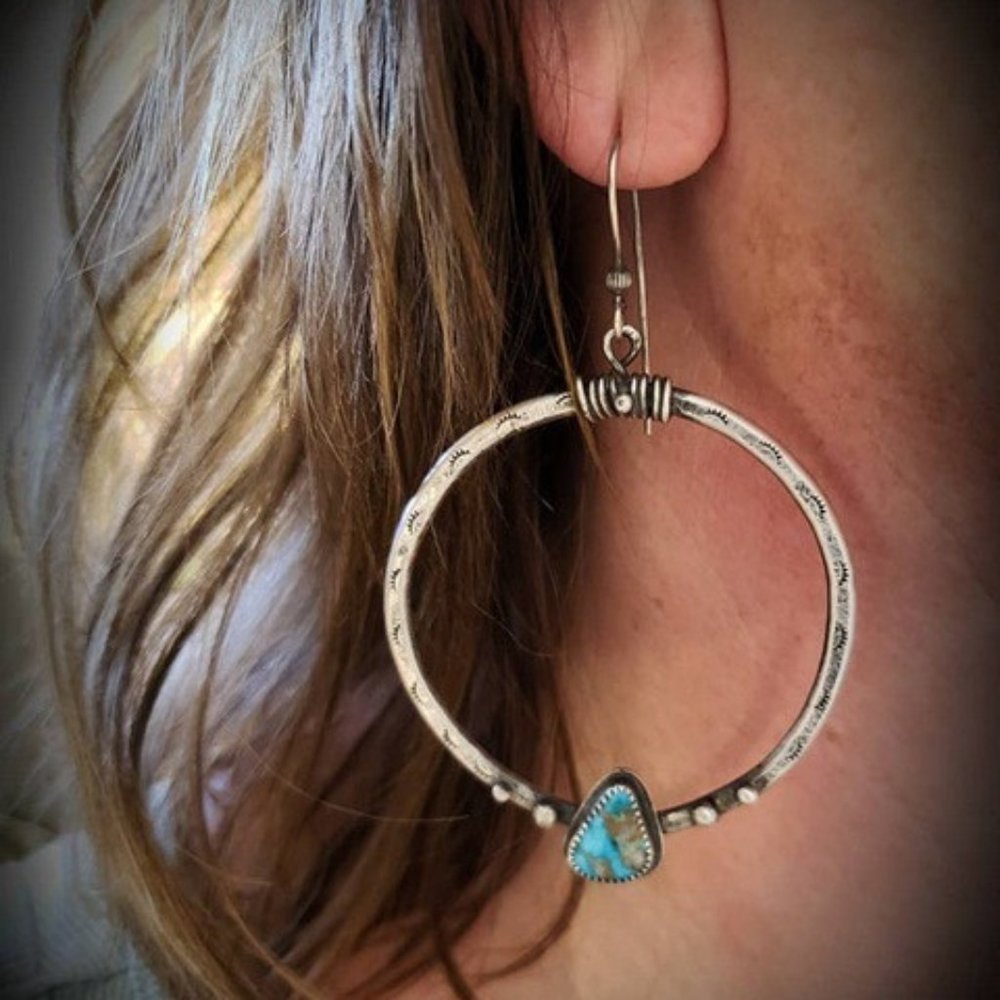 🍁Vintage Punk Style Silver Plated Turquoise Big Circle Drop Earrings, UNVN12468 - Picture 4 of 6